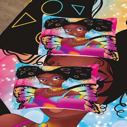Tailor Shop Fantasy Black Girl Comforter Set Rainbow Butterfly Twin Size Bedding Sets for Girls Kids Kawaii Magic African American Black Girl Bedding Set with 1 Pillowcase Girls Room Decor