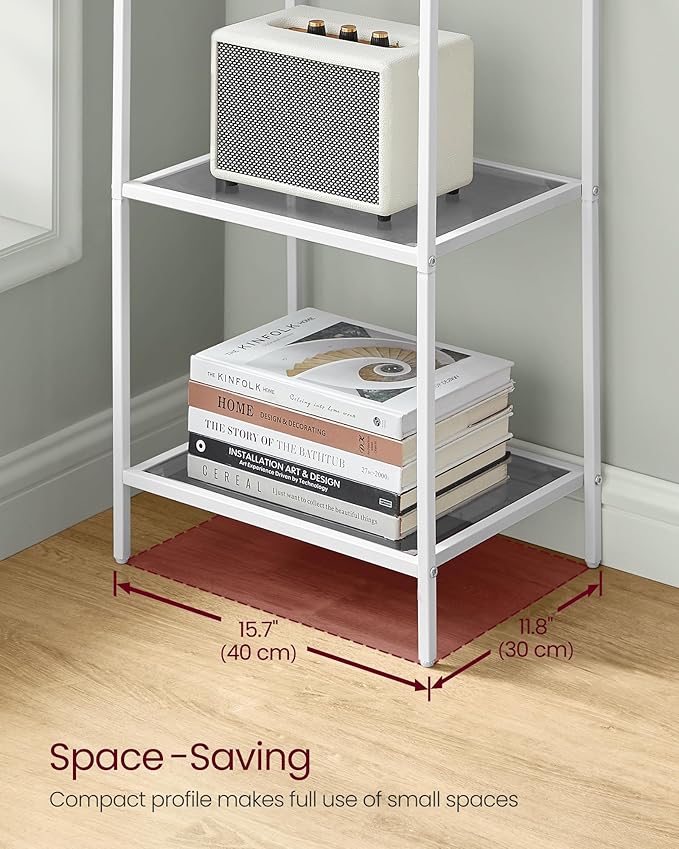 VASAGLE Bookcase, 5-Tier Bookshelf, Slim Shelving Unit for Bedroom, Bathroom, Home Office, Tempered Glass, Steel Frame, Pearl White and Slate Gray ULGT029W01