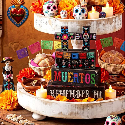 Moucuny 4 Pcs Day of the Dead Table Decorations Day of the Dead Cross Centerpiece for Table Dia De Los Muertos Tiered Tray Decor Wood Sugar Skull Block Signs for Halloween Party Home Shelf Decoration