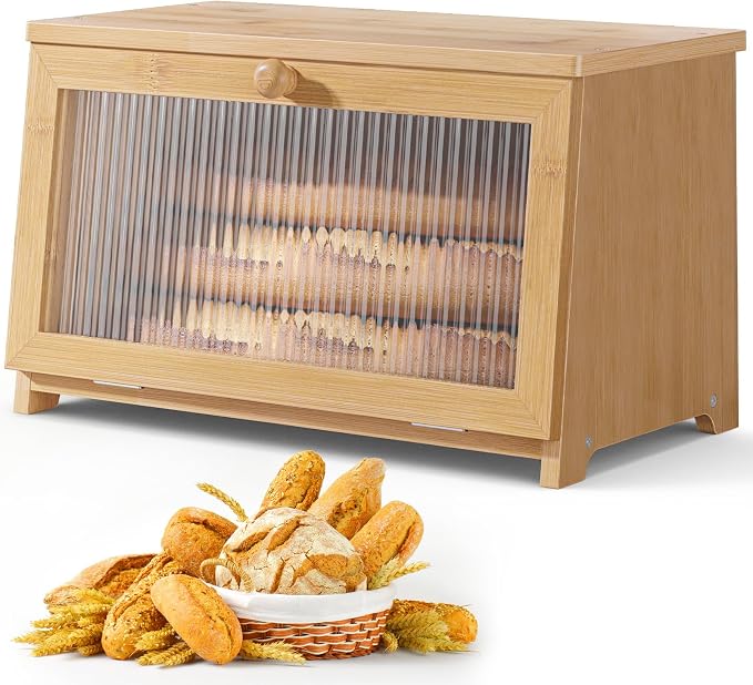 Kitsure Wooden Bread Box for Kitchen Countertop, 1-Tier, Bamboo | Large Capacity Kitchen Countertop Organizer, Stylish Bread Storage with Window, Multi-functional Container