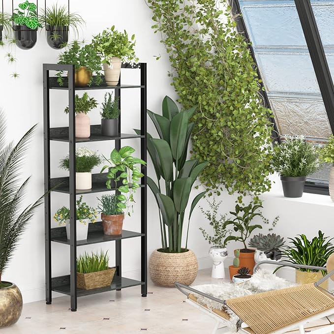 Furologee 5-Tier Bookshelf, Tall Bookcase with 2 Storage Drawers, Industrial Display Standing Shelf Units, Wood and Metal Storage Shelf for Living Room, Bedroom, Home Office, Black Oak