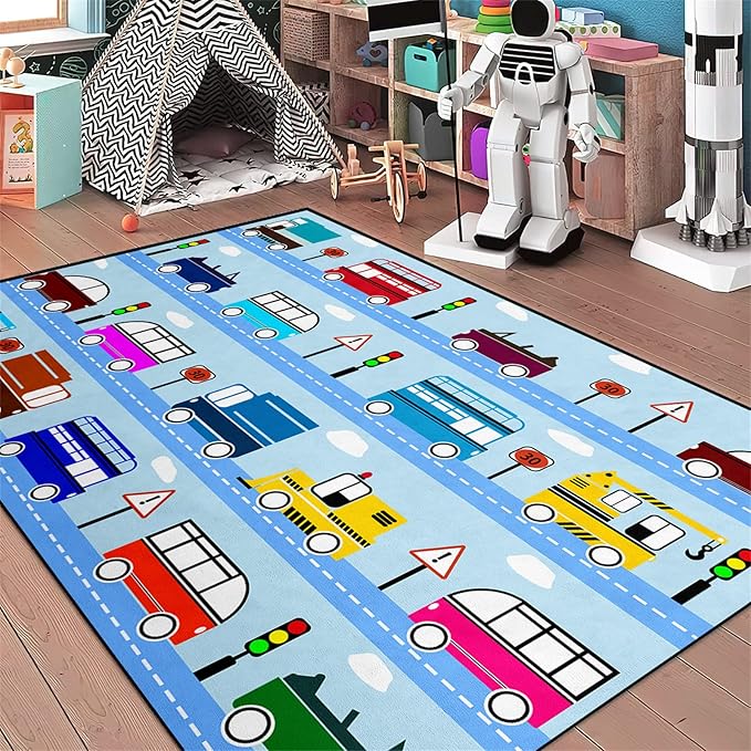 Car Rug Car Play Mat Kids Rugs for Playroom Car Rug Play Mat Rugs for Boys Bedroom Car Carpet for Kids Play Rug for Cars and Trucks Car Rug for Boys Room,Light Blue 2'5''×4'