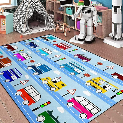 Car Rug Car Play Mat Kids Rugs for Playroom Car Rug Play Mat Rugs for Boys Bedroom Car Carpet for Kids Play Rug for Cars and Trucks Car Rug for Boys Room,Light Blue 2'5''×4'