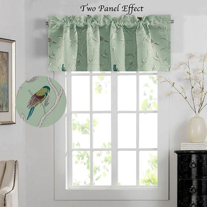 H.VERSAILTEX Blackout Curtain Valances for Kitchen Window/Living Room/Bathroom Privacy Added Rod Pocket Home Decoration Winow Valance, 52" W x 18" L, Birds in Sage (Pack of 4)