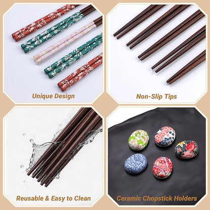 Antner 5 Pairs Reusable Wooden Chopsticks and Ceramic Rests Set, 8.8 Inch/22.5cm Classic Japanese Style Chopsticks with Holders for Ramen Sushi Asian Cuisine Lovers, Black Elegant Gift Box