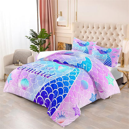 Pink Mermaid Full Size Bedding Set for Girls, Girls Mermaid Comforter Set Full, 3Pcs Mermaid Bedding Full, Ultra Soft Breathable Mermaid Skin Surface Scales Quilt with 2 Pillowcases
