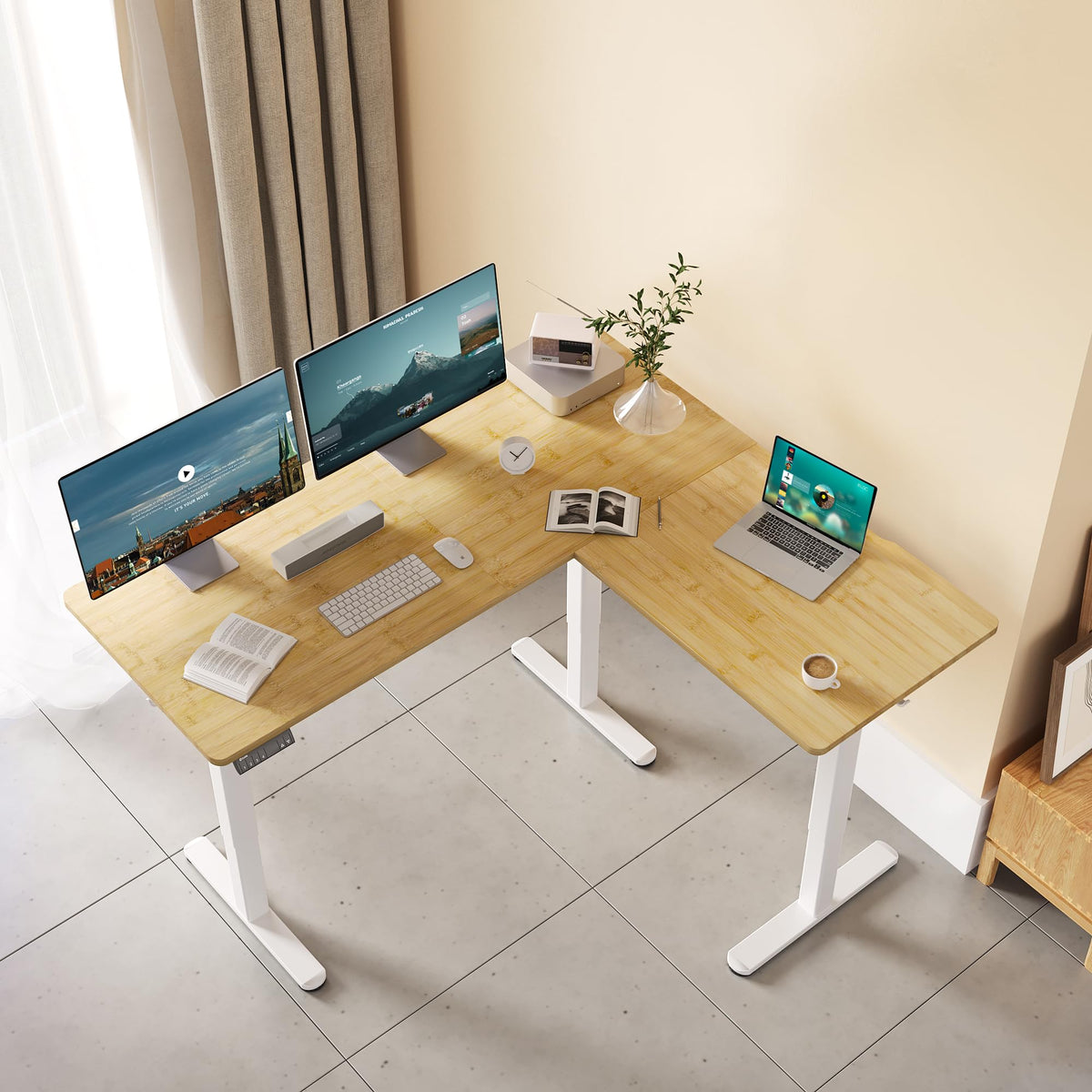 Claiks L Shaped Standing Desk Adjustable Height, Dual Motor Electric Corner Standing Desk, 63x55 inch Sit Stand up Desk with Splice Board, White
