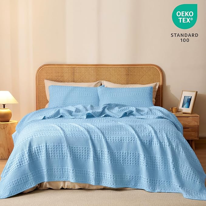 PHF 100% Cotton Waffle Weave Blanket Twin Size, Soft Lightweight Breathable Cozy Summer Blankets for Bed, Luxury Aesthetic Woven Bedding for Home Decor, 66"x90", Sky Blue