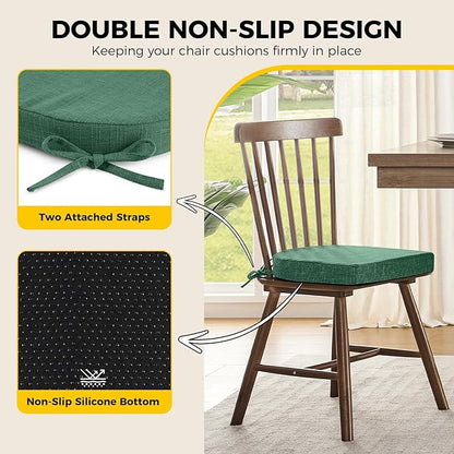 downluxe Indoor Chair Cushions for Dining Chairs, Soft and Comfortable Textured Foam Kitchen Chair Pads with Ties and Non-Slip Backing, 16" x 16" x 2", Dark Green, 6 Pack