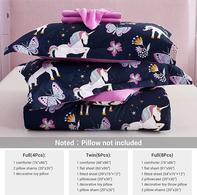 Mooreeke Kids Comforter Bed Set Full Size for s Girls, 8 Pieces Bed in a Bag with Shams, Sheet Set, Purple Pink Unicorn Full Soft Microfiber Kids Comforter Bedding Set