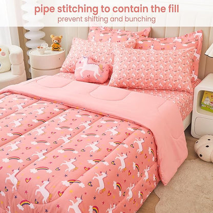 Mooreeke Twin Size Comforter Sets for Girls Kids, 6 Pieces Bed in a Bag Pink Unicorn Rainbow Bedding Comforter Sheet Set with Shams and Decorative Toy Pillow, Ultral Soft Microfiber Kids Bed Set