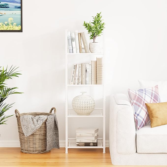Bookshelf Storage Shelf Small Bookcase Freestanding Storage Stand for Living Room Bedroom, Kitchen, Rust Resistance, Easy Assembly Free Combination Multi-Functional Organizer (4 Tiers, White)