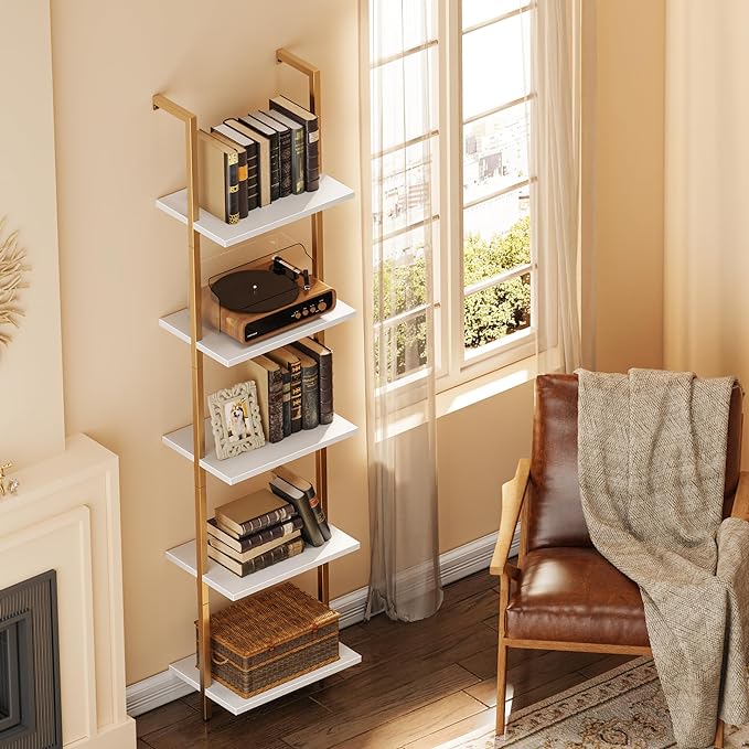 SUPERJARE 5 Tier Bookshelf, Narrow Book Shelf with Open Display Shelves, Small Bookcase with Metal Frame for Bedroom, Living Room, White and Gold