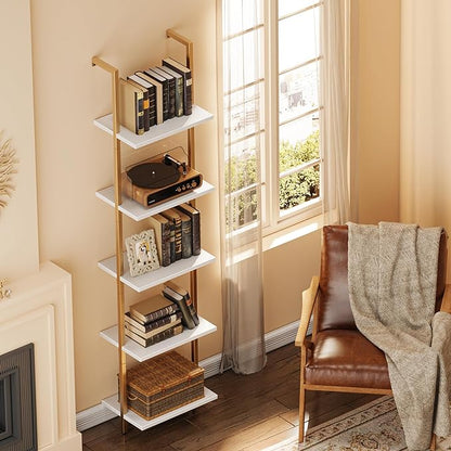 SUPERJARE 5 Tier Bookshelf, Narrow Book Shelf with Open Display Shelves, Small Bookcase with Metal Frame for Bedroom, Living Room, White and Gold
