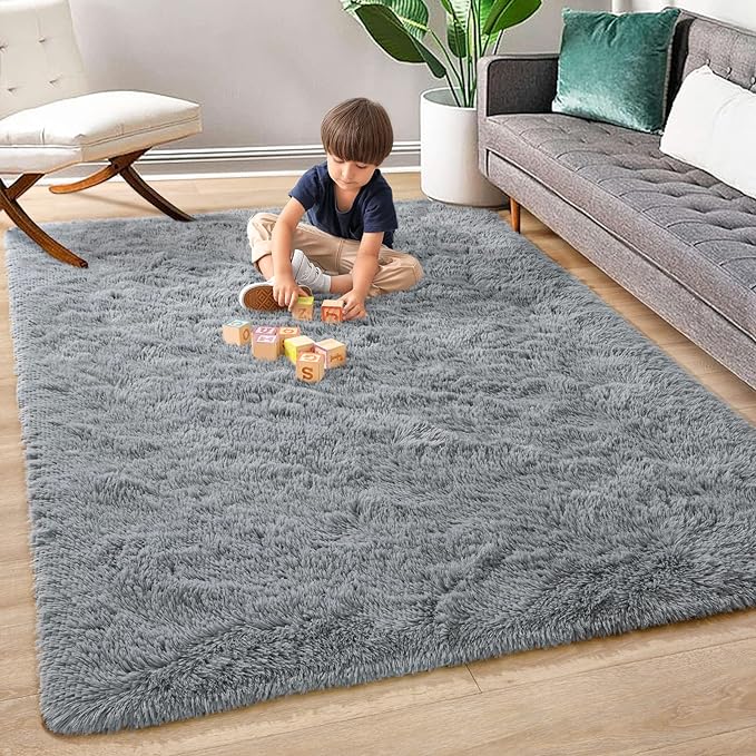 Super Soft Fluffy Shaggy Rugs for Living Room Bedroom, Fuzzy Plush Area Rugs for Girls Kids Room Nursery Home Decor, Furry Dorm Throw Rug Cute Non-Slip Indoor Floor Carpet 5x8 Feet, Grey