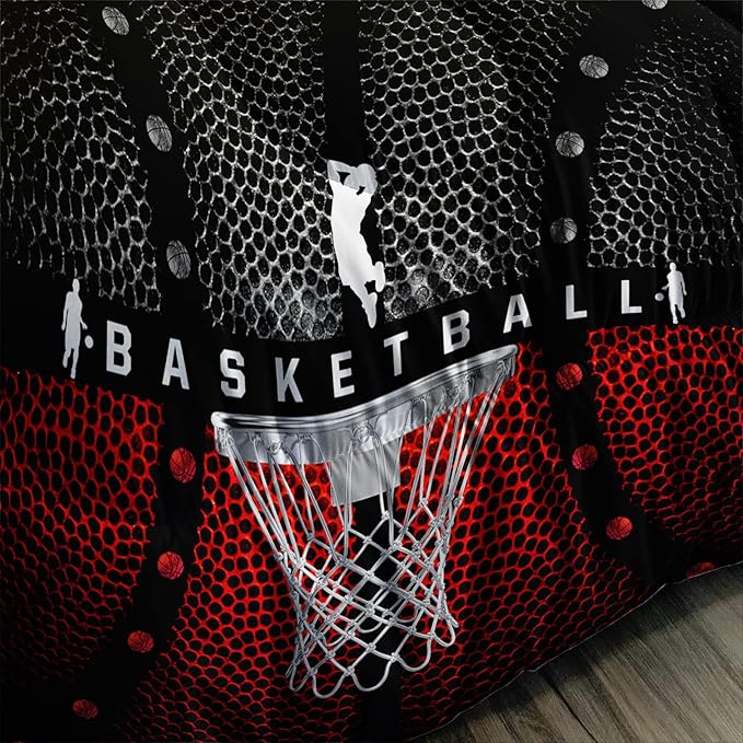 Axolotl Basketball Bedding Set for Boys Kids Teens,Soft Black and Red Sports Theme Basketball Bedding Sets Twin Size with 1 Comforter and 2 Pillowcases All Season
