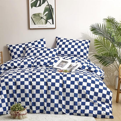 Wellboo Blue and White Comforter Sets Queen Women Men Diamond Royal Blue Checkerboard Grid Bedding Comforters Cotton Modern Jewelry Blue Checkered Geometric Quilts Luxury Sapphire Buffalo Plaid Bed