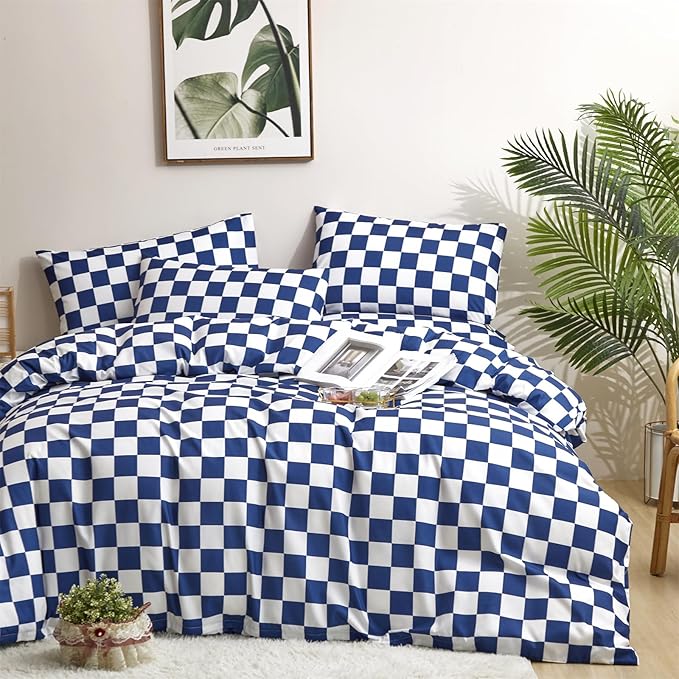 Wellboo Blue and White Comforter Sets Full Women Men Diamond Royal Blue Checkerboard Grid Bedding Comforters Cotton Modern Jewelry Blue Checkered Geometric Quilts Luxury Sapphire Buffalo Plaid Bed