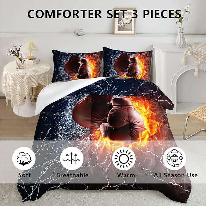 Axolotl Boxing Bedding Set Queen,Sports Theme Comforter Set Boxing Gloves Pattern Bedding Set,Red Blue Cool Lightning Comforter Pugilism Games Bedding Set For Kids Boys Teens Men,1 Quilt 2 Pillowcases
