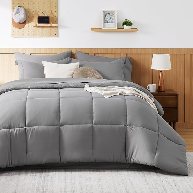 Bedsure King Size Comforter Set - 7 Pieces Solid King Bed Set, King Bed in a Bag Grey with Quilted Warm Fluffy Comforters, Sheets, Pillowcases & Shams