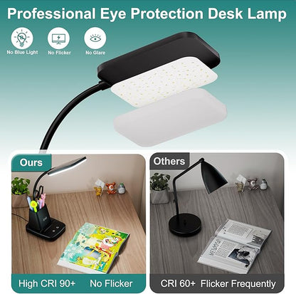 Cotanic LED Desk Lamps for Home Office with Wireless Charger, Stepless Dimmable, 3 Color Modes, Black Study Lamp for College Dorm Room, Touch Control, Pen Holder, CRI 90, 800 Lumen, Adapter Included