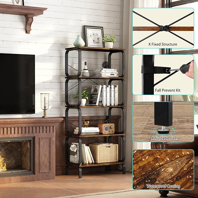 zbet 5 Tier Bookshelf, Modern Sturdy Bookcase,Industrial Metal and Wood Shelf, Tall Free Standing Book Shelf for Living Room, Bedroom, Kitchen and Home Office(Rustic Brown)