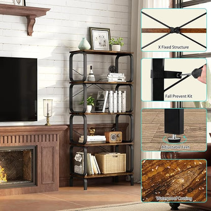 zbet 5 Tier Bookshelf, Modern Sturdy Bookcase,Industrial Metal and Wood Shelf, Tall Free Standing Book Shelf for Living Room, Bedroom, Kitchen and Home Office(Rustic Brown)