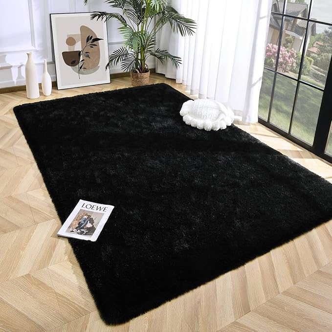 Super Soft Fluffy Shaggy Rugs 4x5.9 Feet for Living Room Bedroom, Fuzzy Plush Area Rugs for Girls Kids Room Nursery Home Decor, Furry Dorm Cute Non-Slip Indoor Floor Carpet, Black