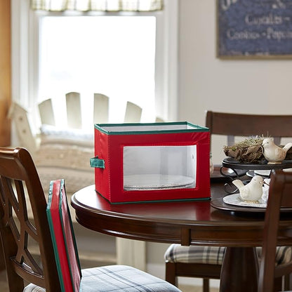 Household Essentials 536RED Holiday China Storage Chest with Lid and Handles | Dinner Plate | Red Canvas with Green Trim