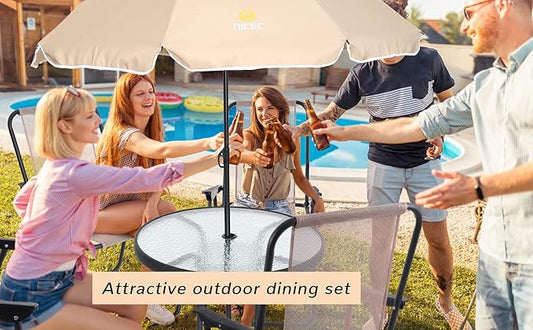 Nice C Outdoor Dining Sets, Patio Furniture Set, 8 Piece Set with Umbrella, Garden Outdoor Furniture Table Set with Tilted Removable Umbrella, Glass Table, and 6 Folding Chairs (Beige-6 Piece)