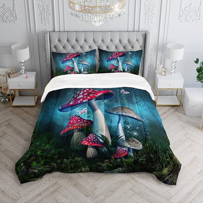 Red Mushroom Kawaii Comforter Set Twin Size Kids Mushroom Butterfly Bedding Set Botanical Plant Theme Print Quilt Bed Set for Boys Girls Adults with 1 Comforter and 2 Pillowcases