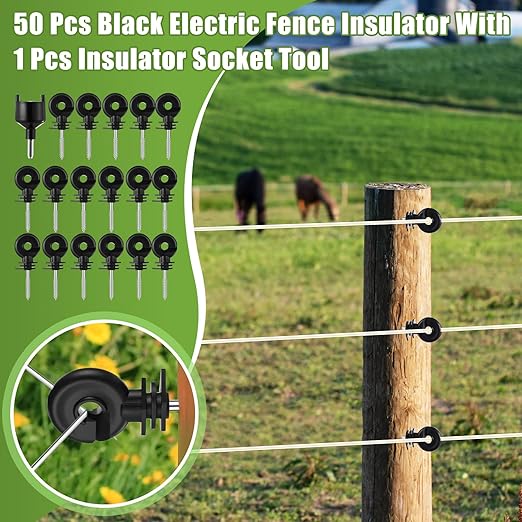 Electric Fence Kit, 8 Mile 12kV 2J Electric Fence Charger AC/DC Powered with 50 Insulators, Socket Tool, 250ft Aluminum Wire for Livestock Control, Predators Deterrent(Classic Ver.,Blue)