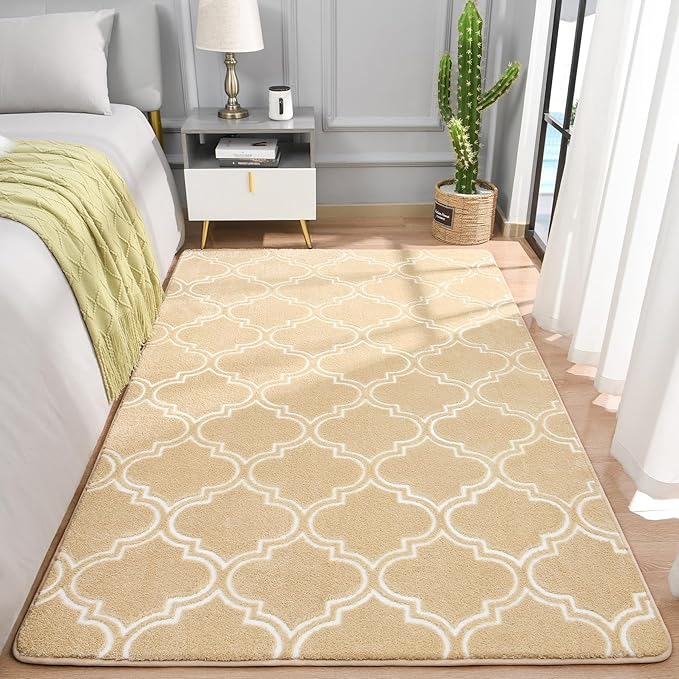 Chicrug Shag Geometric Modern Area Rug for Living Room, 3x5 Feet Large Memory Foam Indoor Carpet, Fluffy Rug for Bedroom Bedside Room Decor for Family Girls Kids Nursery, Beige/White