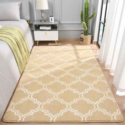 Chicrug Shag Geometric Modern Area Rug for Living Room, 3x5 Feet Large Memory Foam Indoor Carpet, Fluffy Rug for Bedroom Bedside Room Decor for Family Girls Kids Nursery, Beige/White