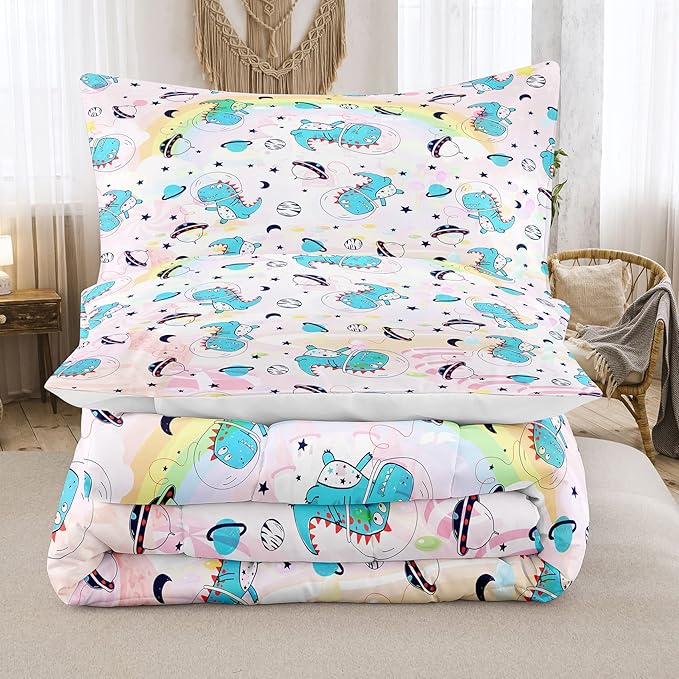 NINENINE Pink Dinosaur Comforter Set Colorful Rainbow Castle UFO Space Theme Bedding, Twin Comforter Sets for Boys Girls Kawaii Bedding Set with 1 Comforter 1 Pillowcase