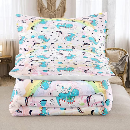 NINENINE Pink Dinosaur Comforter Set Colorful Rainbow Castle UFO Space Theme Bedding, Twin Comforter Sets for Boys Girls Kawaii Bedding Set with 1 Comforter 1 Pillowcase