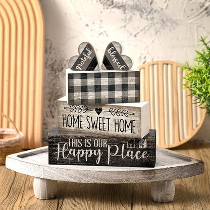 Moucuny 4 Pcs Farmhouse Decor Black and White Farmhouse Tiered Tray Decorations Home Sweet Home Table Centerpiece Wooden Blessed Heart Rustic Checked Kitchen Decor and Accessories Block Sign for Shelf