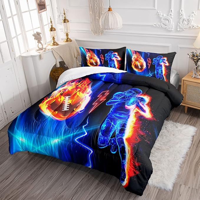 Axolotl Football Comforter Full,Cool Blue Football Bedding Sports Theme Comforter Set for Boys,3D Rugby Sports Bedding Set Football Player On Fire for Boys Kids Teens,1 Quilt 2 Pillowcases,Black Blue