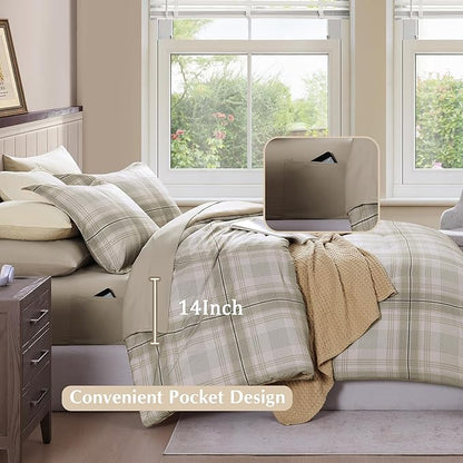 Beige Queen Bed Set, Khaki Green Plaid Comforters Queen Size for Boys & Girls,Classic Homestead-style Queen Size Comforter Sets with Sheets and Comforter Set