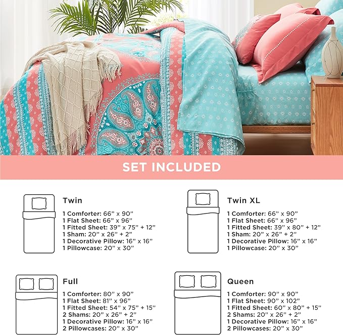 Degrees of Comfort Bed in a Bag Twin XL, Boho Medallion Comforter Sets for college girls, Microfiber 6 Pieces Bedding Set with Sheet, Matching Decorative Pillow, Coral
