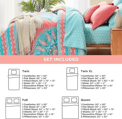Degrees of Comfort Bed in A Bag Queen Size, Boho Mandala 8 Piece Complete Comforter Sets with Sheet for Women, Microfiber Bohemian Colorful Bedding Set, Matching Decorative Pillow, Coral