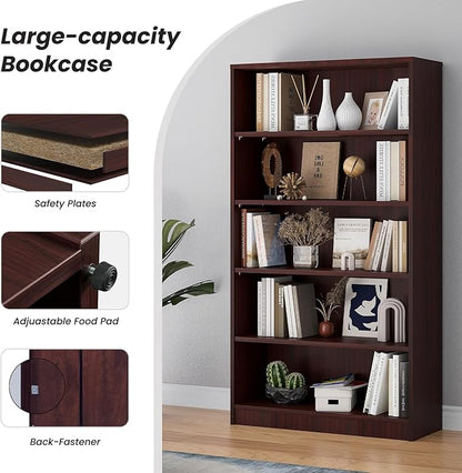 Farini 5 shelf boockase Display Bookcase Freestanding Wooden Bookshelves for Home Office Living Room,60 Inch Height,Mahogany