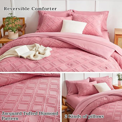 7 Pieces Tufted Bed in a Bag King Comforter Set with Sheets Pink, Soft and Embroidery Shabby Chic Boho Bohemian, Luxury Solid Color with Diamond Pattern, Jacquard Tufts Bedding Set for All Season