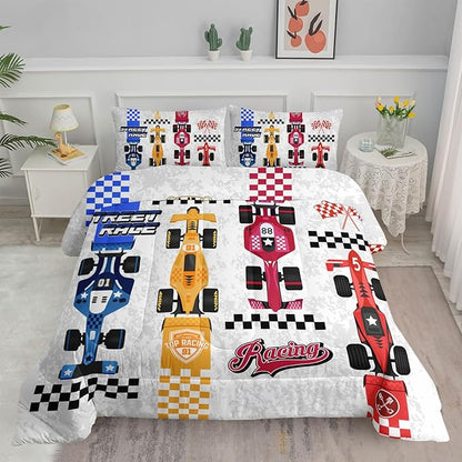 Axolotl Racing Car Comforter Set Full Size,Colorful Sports Car Bedding Set for Kids Boys Teen Adult,Extreme Speed Race Bedding Sets Car Theme Bedroom Decor with 1 Comforter and 2 Pillowcases