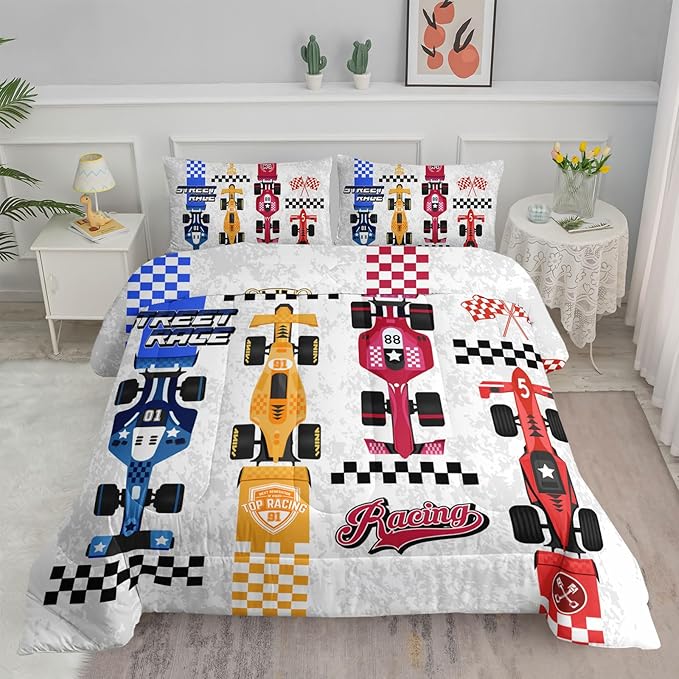 Axolotl Racing Car Comforter Set Queen Size,Colorful Sports Car Bedding Set for Kids Boys Teen Adult,Extreme Speed Race Bedding Sets Car Theme Bedroom Decor with 1 Comforter and 2 Pillowcases