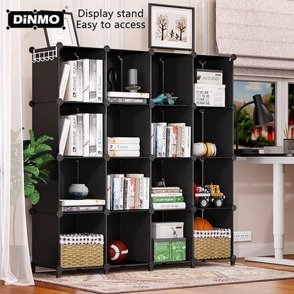 16 Cubes Storage Organizer, Bookcase, Display Shelf with Wooden Mallet, Cabinet Storage for Kids, Adult, Office, Bedroom, Bathroom, Black