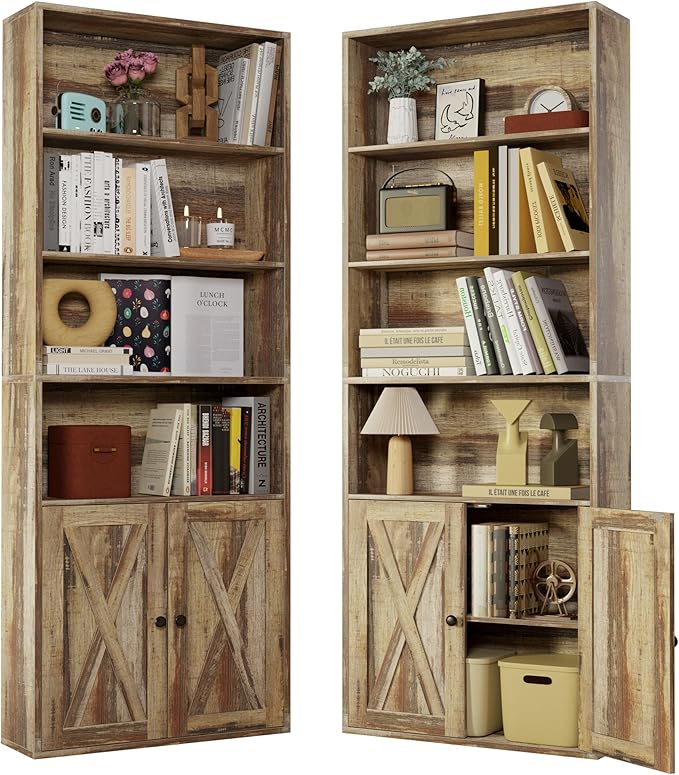 IRONCK Industrial Bookshelves and Bookcases with Doors Set of 2 Floor Standing 6 Shelf Display Storage Shelves 70 in Tall Bookcase for Home Office, Living Room
