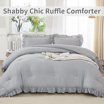 Andency Silver Gray Comforter Set California King Size, 3 Pieces Vintage Shabby Ruffle Bedding Comforter Sets for Cal King Bed, Lightweight Fluffy Soft Microfiber Farmhouse Comforter Set