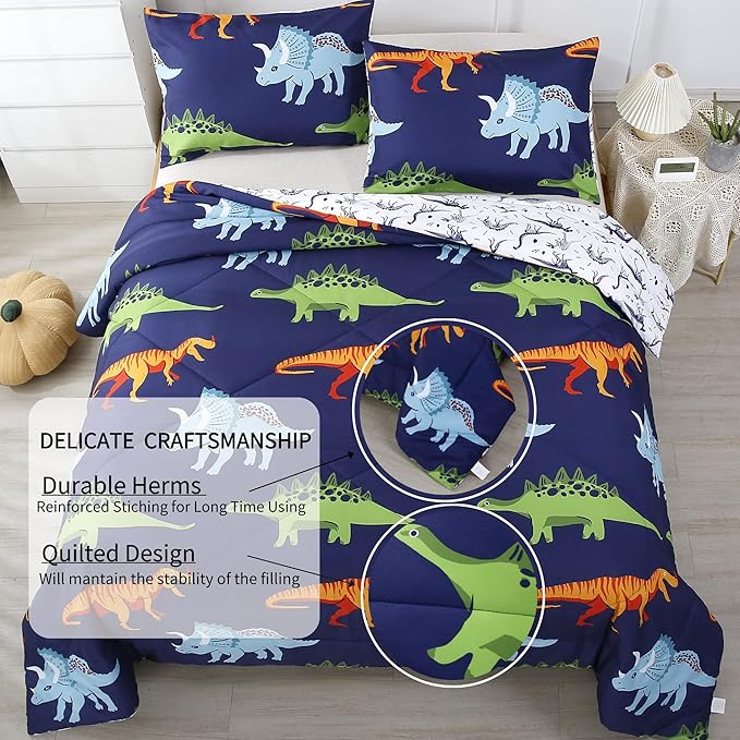 RYNGHIPY Cartoon Dinosaur Comforter Set, Dark Blue Dinosaur Kids Bedding Set for Boys, Dinosaurs Print Comforter Sets for Kids/Toddlers/Teens (Dinosaur,Full)