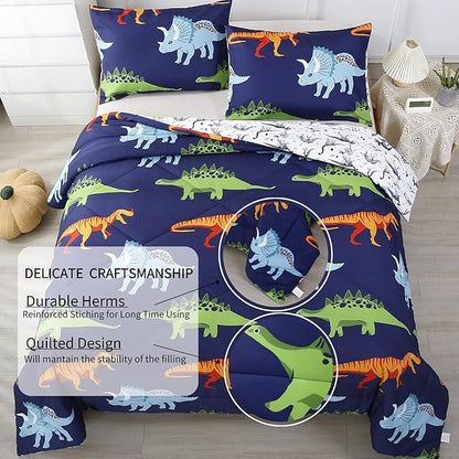 RYNGHIPY Cartoon Dinosaur Comforter Set, Dark Blue Dinosaur Kids Bedding Set for Boys, Dinosaurs Print Comforter Sets for Kids/Toddlers/Teens (Dinosaur,Full)